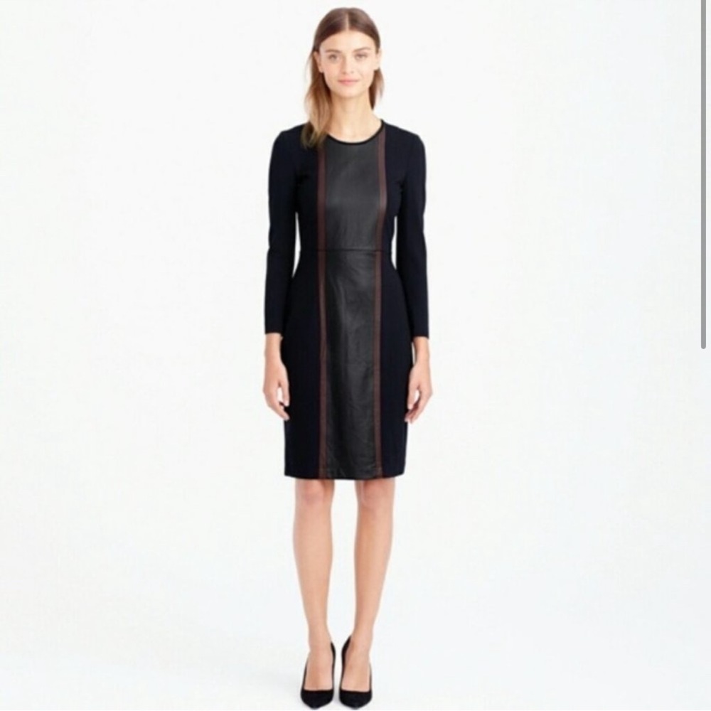 NWT J.Crew J Crew Long Sleeve Black Leather Panel Ponte Knit Sheath Dress 4 New